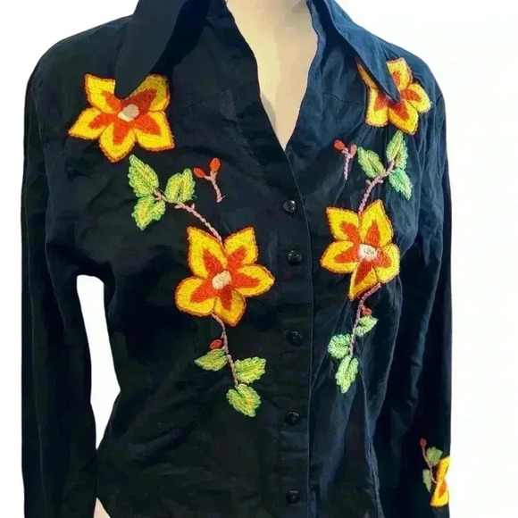 Razzle Dazzle Shirt Long Sleeve Floral Embroidered Button Up Black Womens Medium - Picture 2 of 6